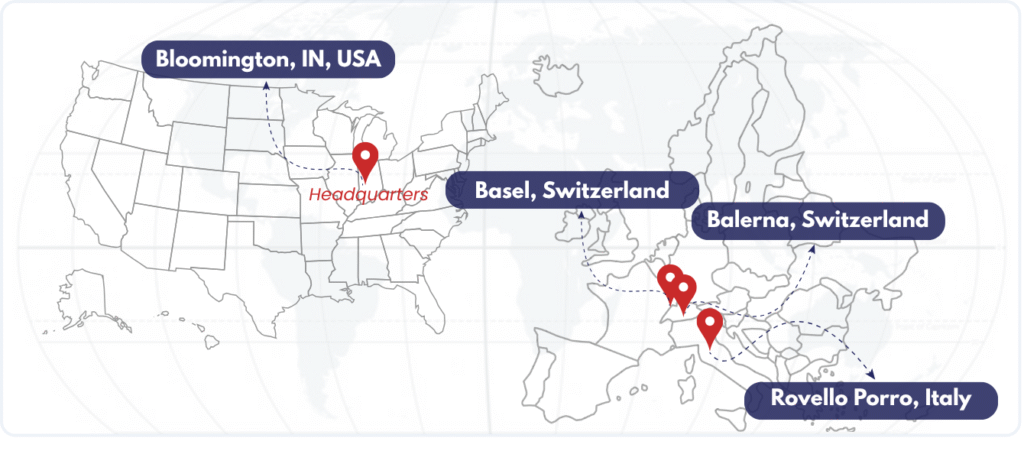 Map showing headquarters in Bloomington IN USA and offices in Basel Balerna Switzerland Rovello Porro Italy with blue labels and red pins jun updated   our sites map  transparent jun updated   our sites map  transparent