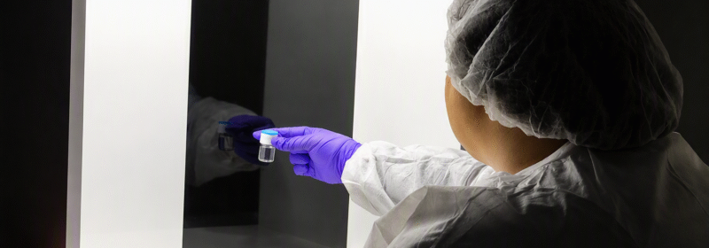 Lab technician in a protective suit and purple gloves holds a small vial up to a lighted cabinet for processing samples.